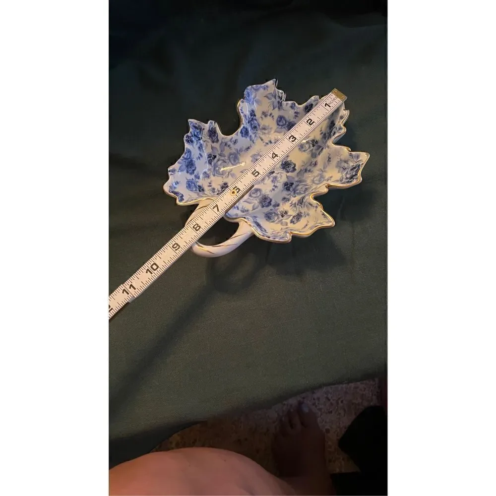 Vintage J. Godinger & Co Antique Reflections Leaf Shape Pickle Dish Blue Roses